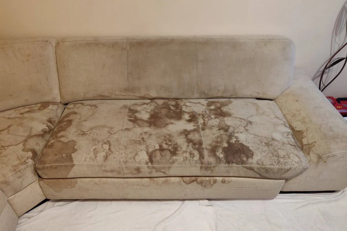 Beige sofa, the whole seat cushion ground in with soil, before cleaning