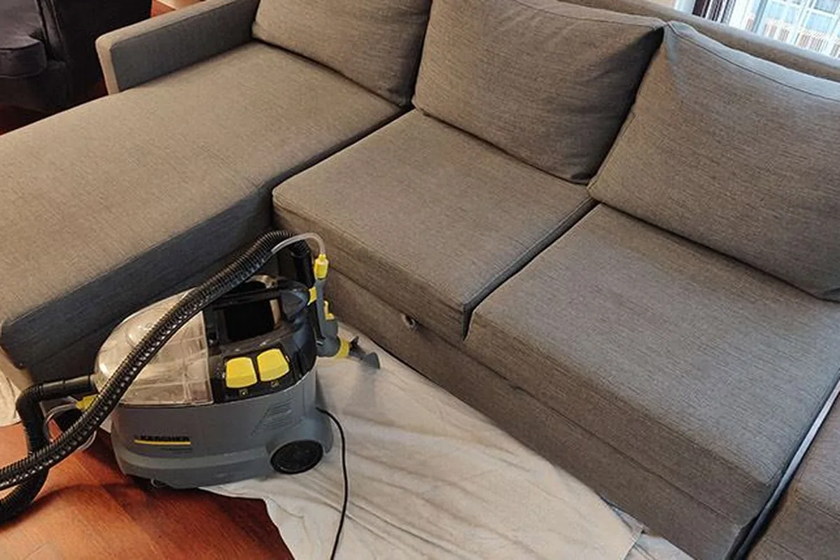 Large corner lounge, whole-piece clean — after cleaning by SevenClean