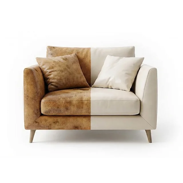 Leather armchair with one half cleaned