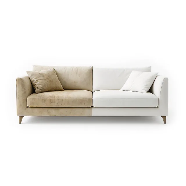 Half-soiled, half-cleaned fabric sofa