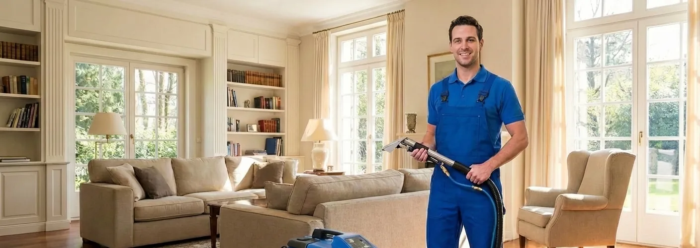Technician with an extraction machine in a Sydney living room