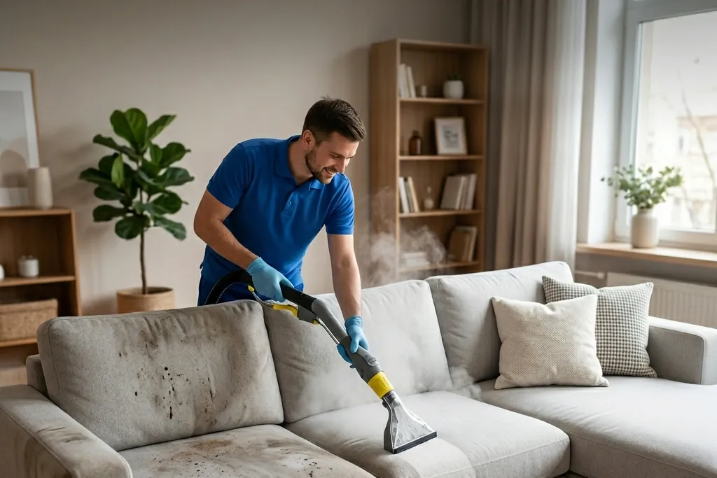 Extraction wand lifting soil out of a sofa cushion, clean stripe behind it